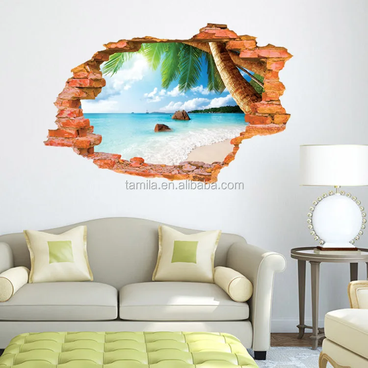 Window 3D Beach View Flowers Sea Wall Stickers art Mural Decal Wallpaper