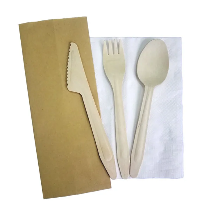 Individual Plastic Bag Packing Wooden Spork Fork Knife Set