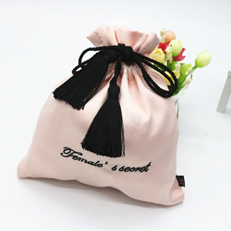 wholesale custom logo large luxury silk cotton pouch pink drawstring satin dust bags with tassels