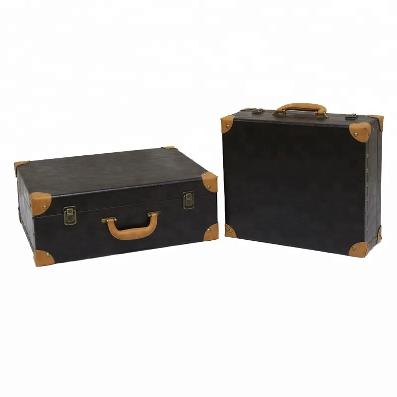 Cheap antique decorative PU/leathe set of 2 storage wood suitcase
