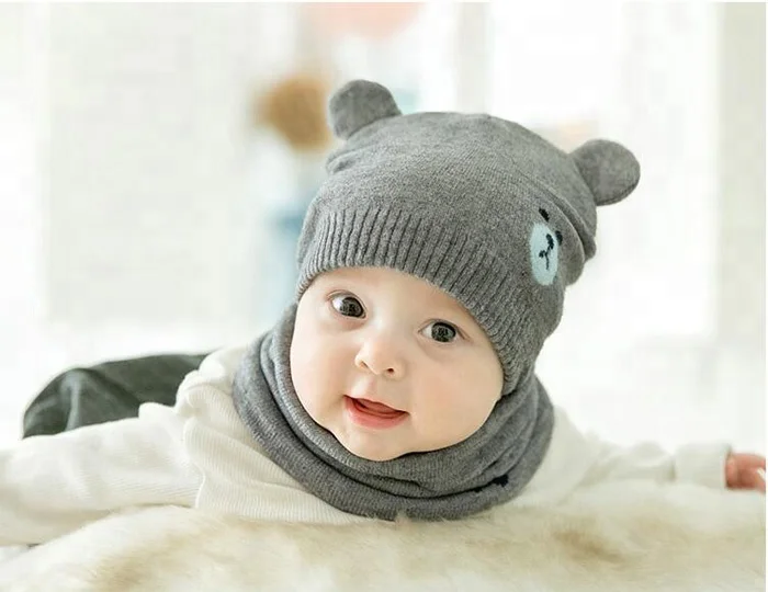 100% Cotton Bear Knitted Soft Winter Organic Baby Beanies Toddlers Hats