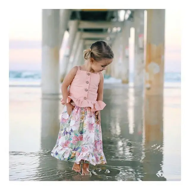 New Baby Girls summer floral outfit two pieces Set pink suspender top + flower Printed Pleated Skirts Kids holiday sets
