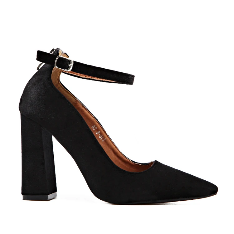 Latest Comfortable Ladies pink Black Velvet Pointed Toe Chunky Pumps Women High Heel Shoes