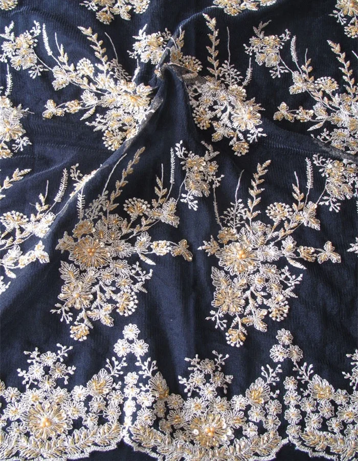 best selling black tulle with gold embroidery hand beaded accessories beautiful fabric  for women dresses