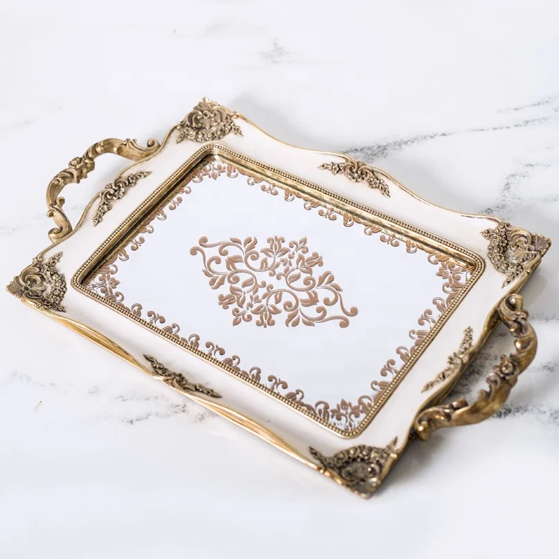 
decorative vanity service antique glass mirror square jewelry resin fruit tray for wedding home decor perfume cosmetic tray 