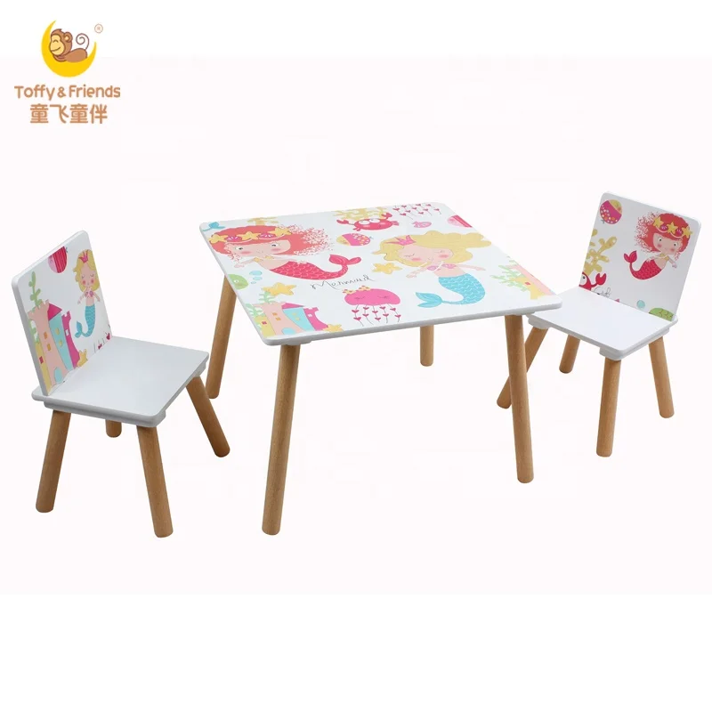 Toffy & Friends Mermaid design kids wood  table two chairs set