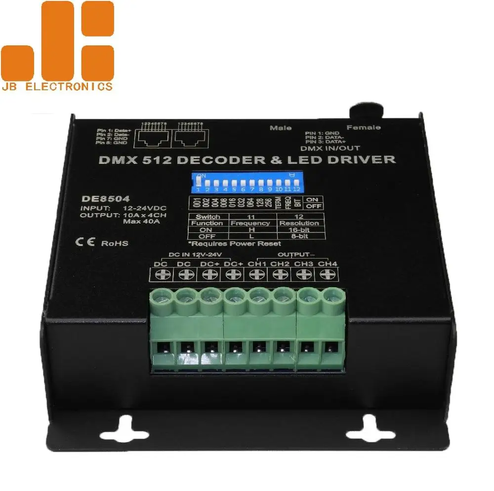 High Frequency 10Ax4CH RGBW Constant Voltage 8Bits/16Bits 500Hz/5000Hz Selectable DMX 512 Decoder DE8504