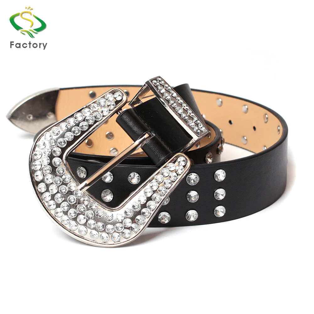 Wholesale beautiful fashion style PU strap alloy buckle ladies rhinestone belt
