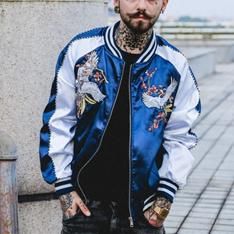 Wholesale Raglan Sleeve Polyester Satin Bomber Jacket Men Custom Street Bomber Souvenir Jacket