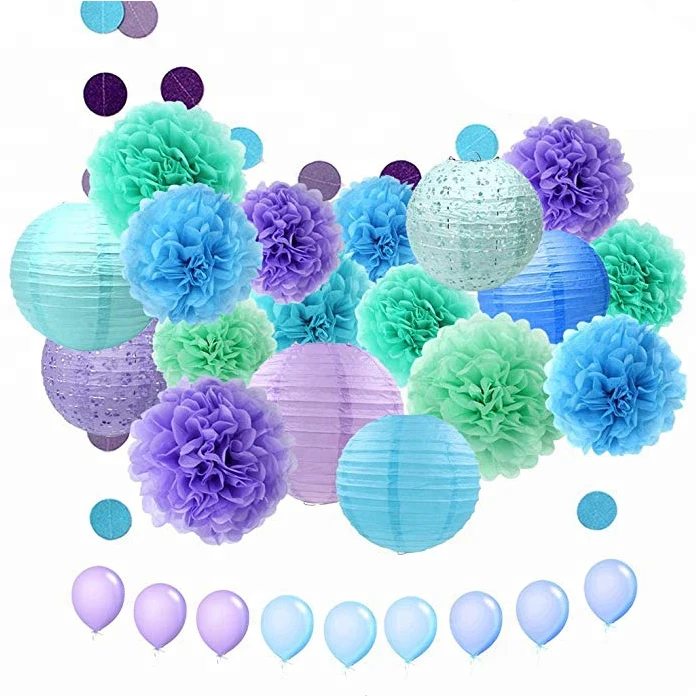 34pcs Hanging PomPoms  Lantern Garland Balloon For Birthday babyshower favors Mermaid Party Decorations kids birthday party set