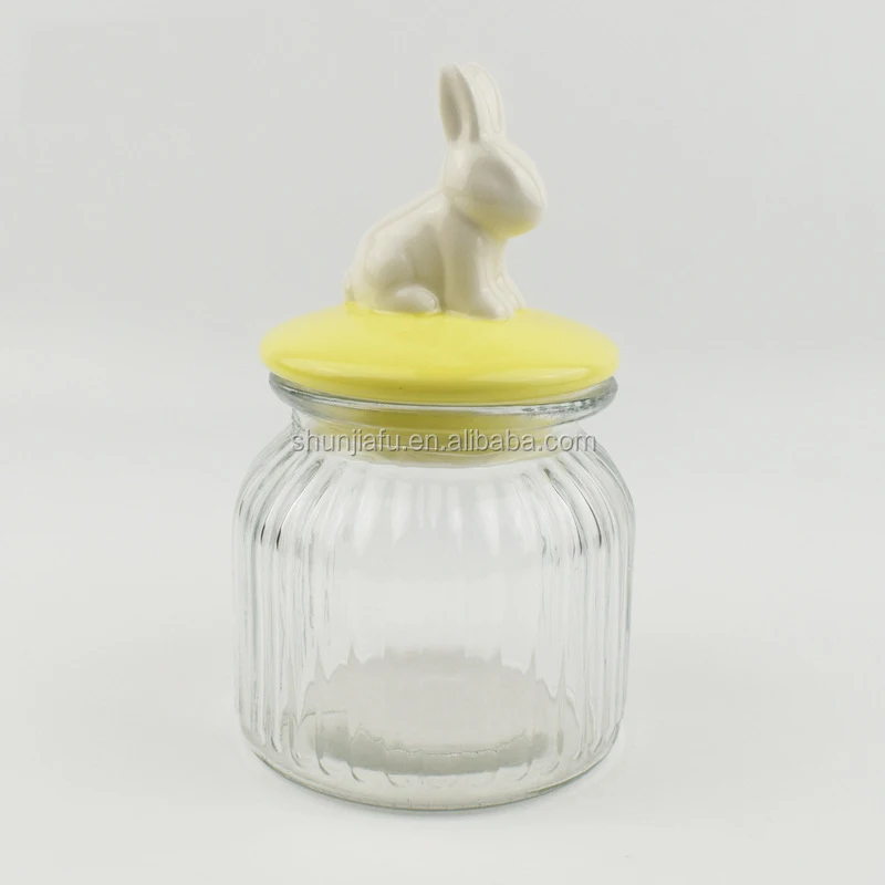 Colorful Rabbit Ceramic Lid Glass Candy Jar Wholesale Glass Jar