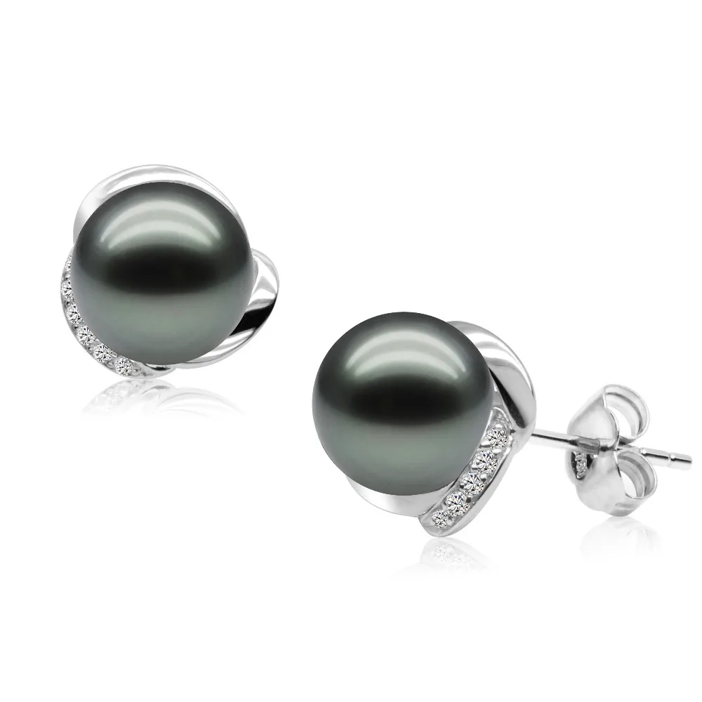 18K Gold Earring Stud Black Tahiti Pearl jewelry excellent enquisive handcraft
