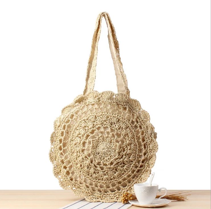 Crochet knitting hollow out handmade handbag straw tote bag rattan bag women