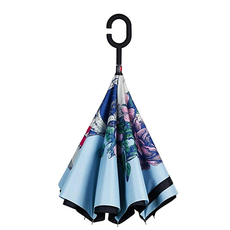 reverse umbrella with custom logo double layer flower print inside C  curve handle for promotional inverted umbrellas for rain