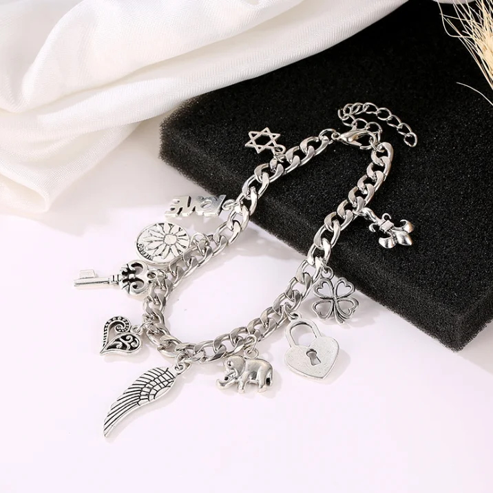 Cute girls bracelet chain charms with heart key wing pendant bracelet