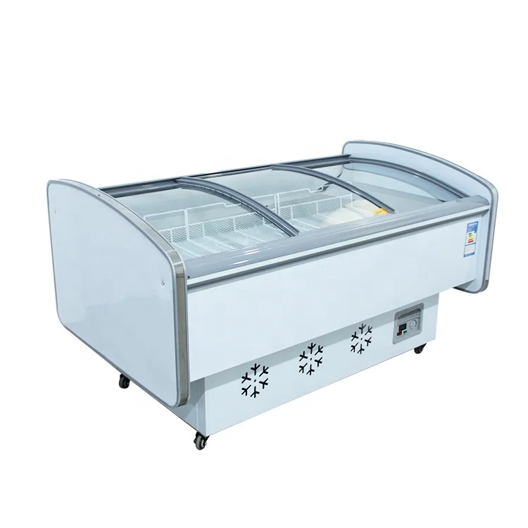 custom Curved side dish island horizontal commercial refrigerated display cabinet supermarket barbecue chest freezer