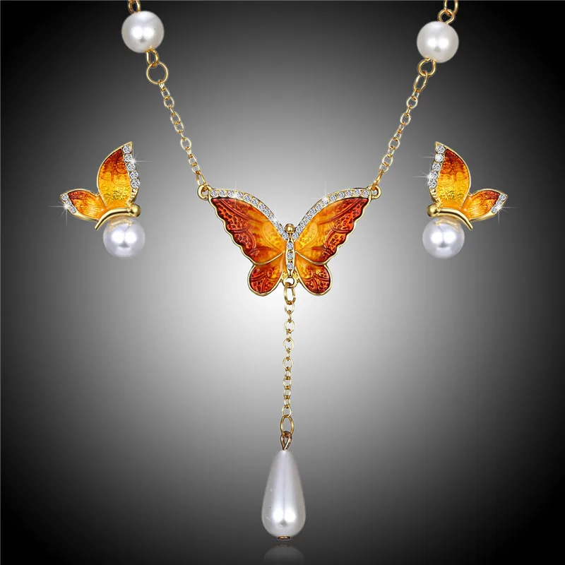 
 Бабочка кулон ожерелье серьги Эмаль живопись комплект ювелирных изделий для женщин и девочек  