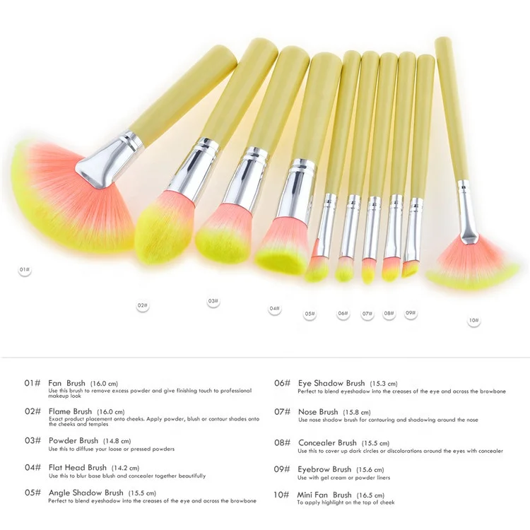 Wholesale High Quality Pink Yellow Beautiful Synthetic Pro Professional Makeup Brushes 10 Set Private Label