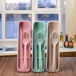 Good Quality Home Use Goods Green Colour Wheat Straw Fork Chopsticks Spoon Tableware Dinnerware Sets