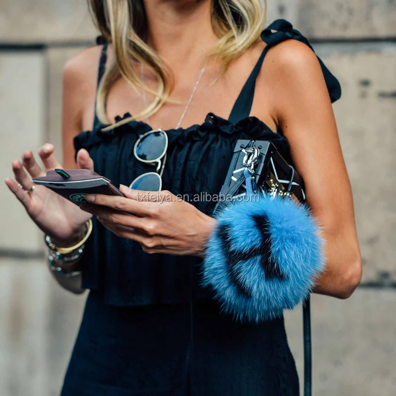 Karl Lagerfeld Design Alphabet Letter Real Fox Fur Pom Poms Key Chains