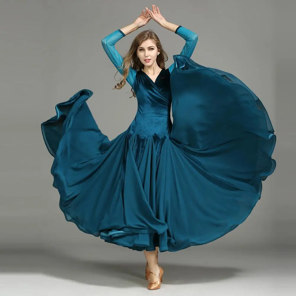 YF-MY750 Women Ladies Adults Velvet Gauze Grid Splicing Dancing Dress Waltz Tango Ballroom Costume Evening Party V-neck Dress