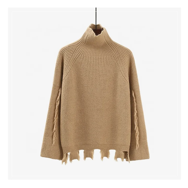 Женская водолазка большого размера на заказ вязаный толстый свитер в рубчик пуловер с длинным рукавом и бахромой топы для женщин