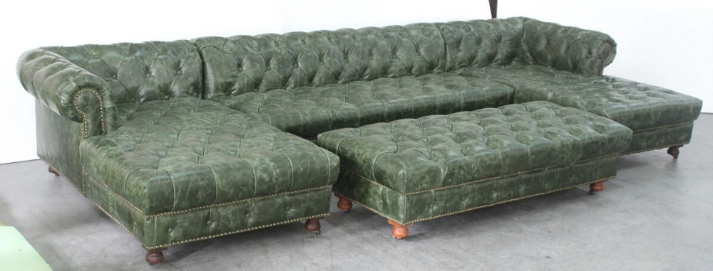 Antique green vintage leather button tuft chesterfield couch