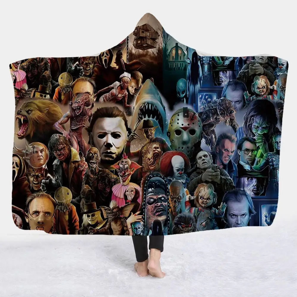 High Quality Hooded Blanket Horror Movie Printed Blanket Magic Cloak Thickened Double-Layered Plush Children Adults Nap Blanket