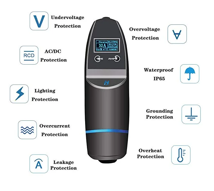 Портативное зарядное устройство для электромобиля 16 А 32 А sae j1772 Уровень 2 с OLED и таймером