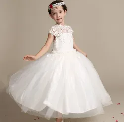 Princess party white dresses kids formal kid girl full dresses breathable Lace puffy embroidered dress for girls 12 years old