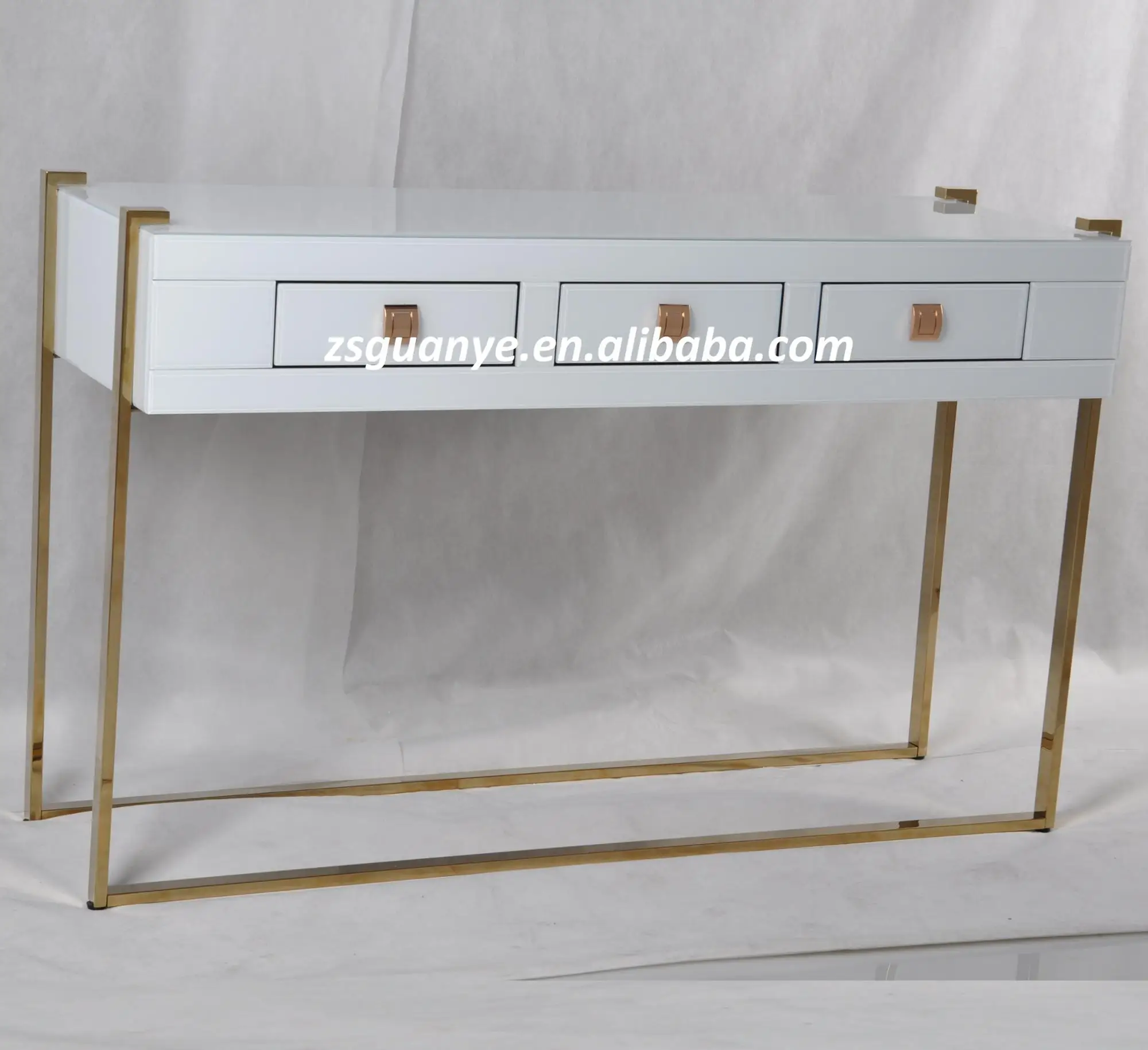 Large Storage 3 Drawers Gold Metal Leg White Glass Top Mirrored Console Table