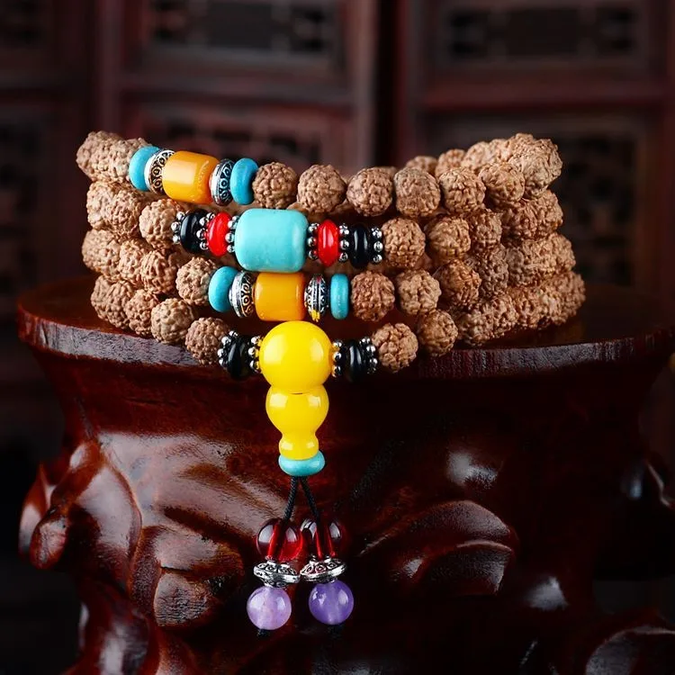 Queena Natural Tibetan Vajra Bodhi / Rudraksha 108 Prayer Beads Bracelet
