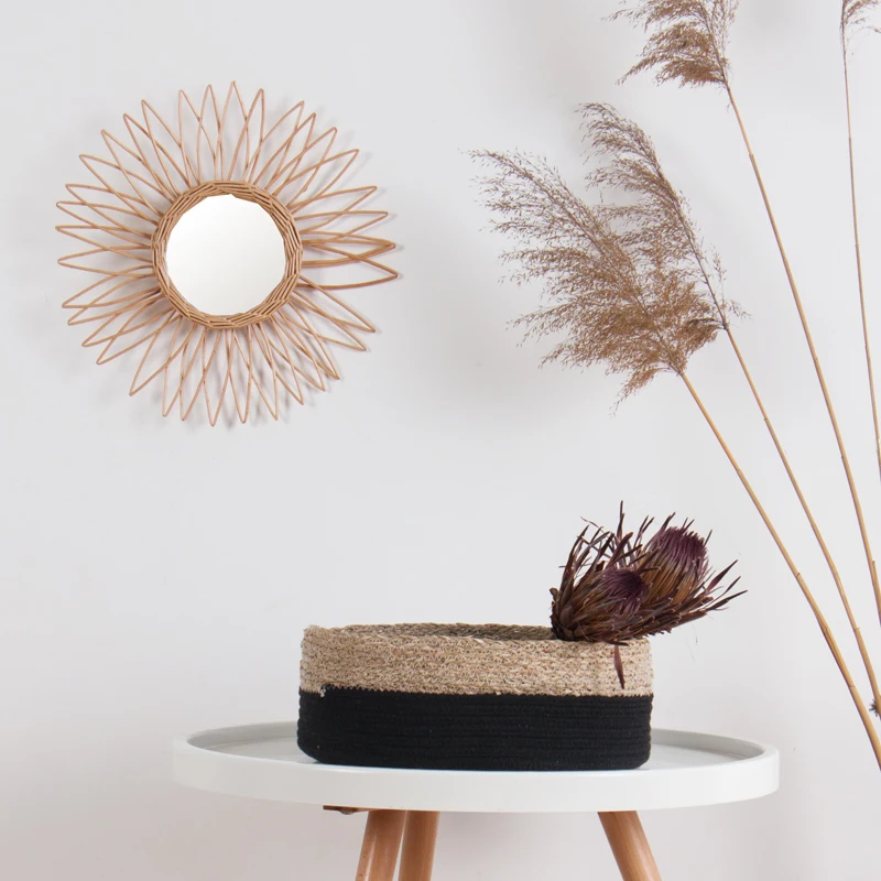 Hand Woven Craft Home Bedroom Sun Flower Round Decorative Wood Wicker Willow Frame Rattan Wall Mounted Mirror 5 Sets