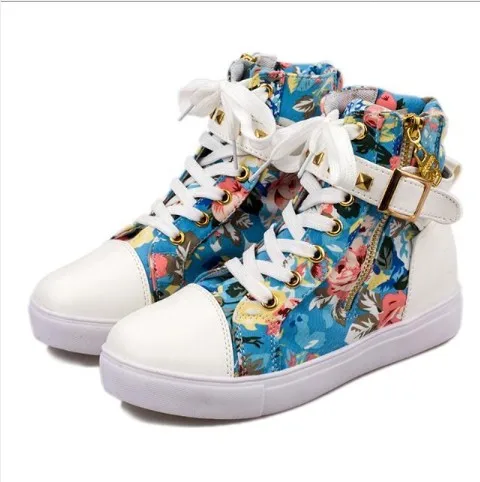 up-0111C woman canvas shoes with high tops zipper rivet student flat shoes