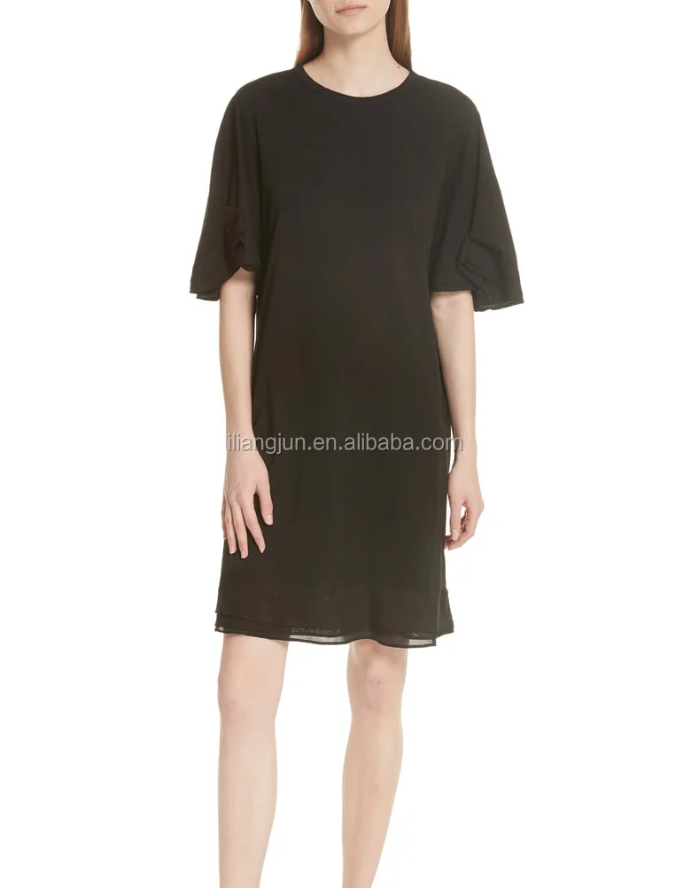 Soft cotton jersey folded sleeve woman blank black t-shirt dress
