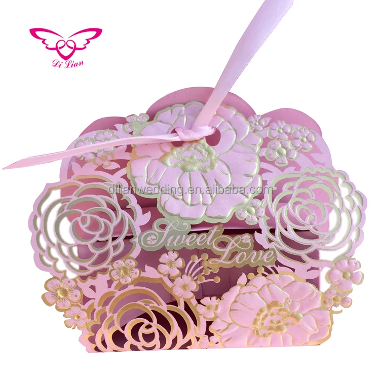Laser cut pink color royal carriage candy box wedding
