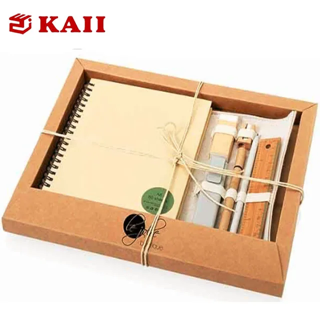 KAII Vintage Wooden Cover Notebook Journals Diary Sketchbook Study Spiral Writing Notebooks With Pen Set