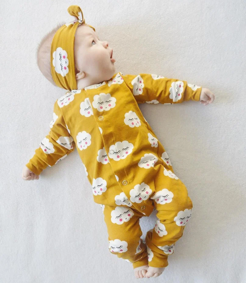 Wholesale spanish baby clothes smiled cloud printed ginger colour icing rompers