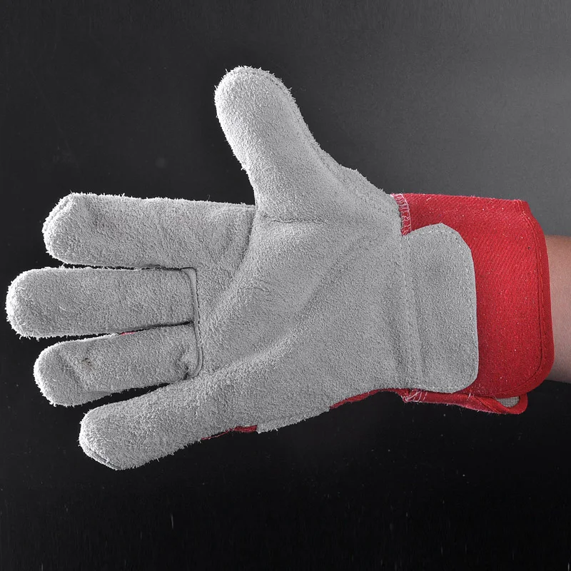 Red Double Palm Split Cow Leather Work Gloves With CE Certificate For Mechanic