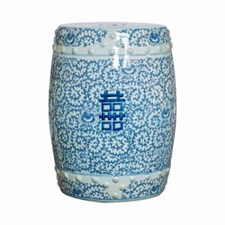 Blue and white double happiness Chinese ceramic garden stool porcelain seat for home decorative change shoe stool in living room