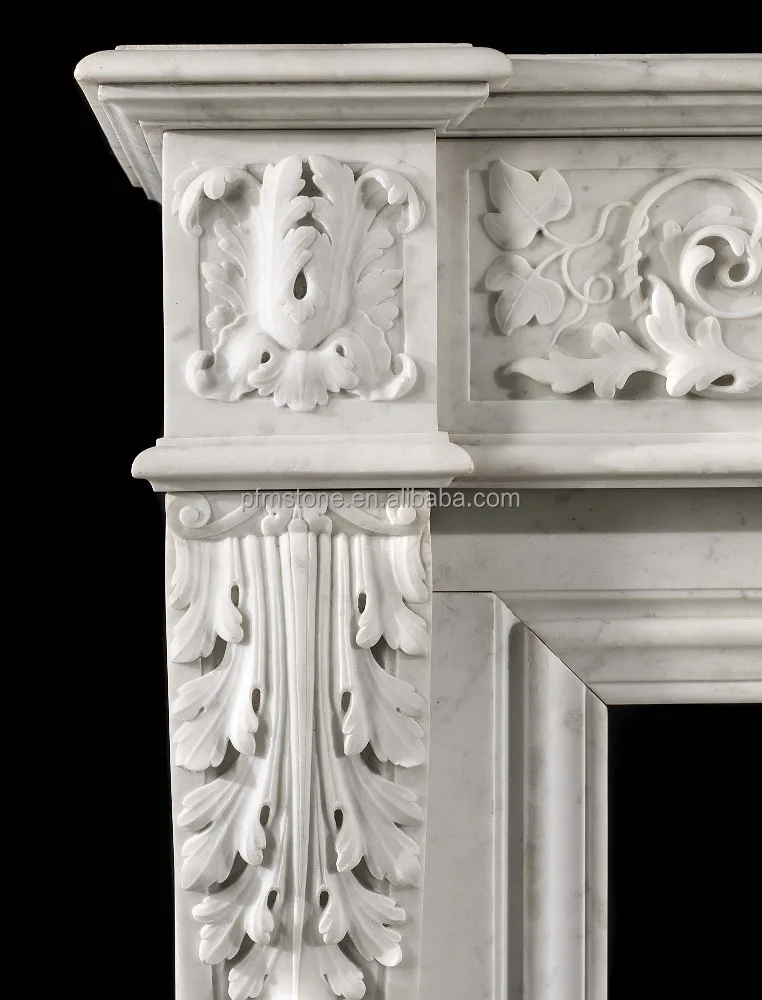 A large French Louis XVI style antique decorative Carrara white Marble fireplace mantel