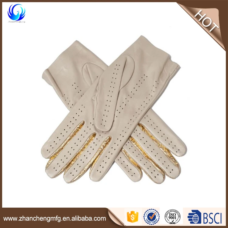 Supersoft Cream and Gold Nappa Leather Driving fashion Gloves with net hole White