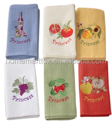 
yarn dye waffle weaving kitchen tea towel with embroidery 
