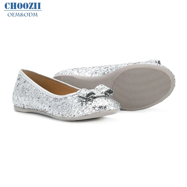 Customized Color Slip On Bow Silver Glitter Kids Ballerina Girl Party Shoes Flats