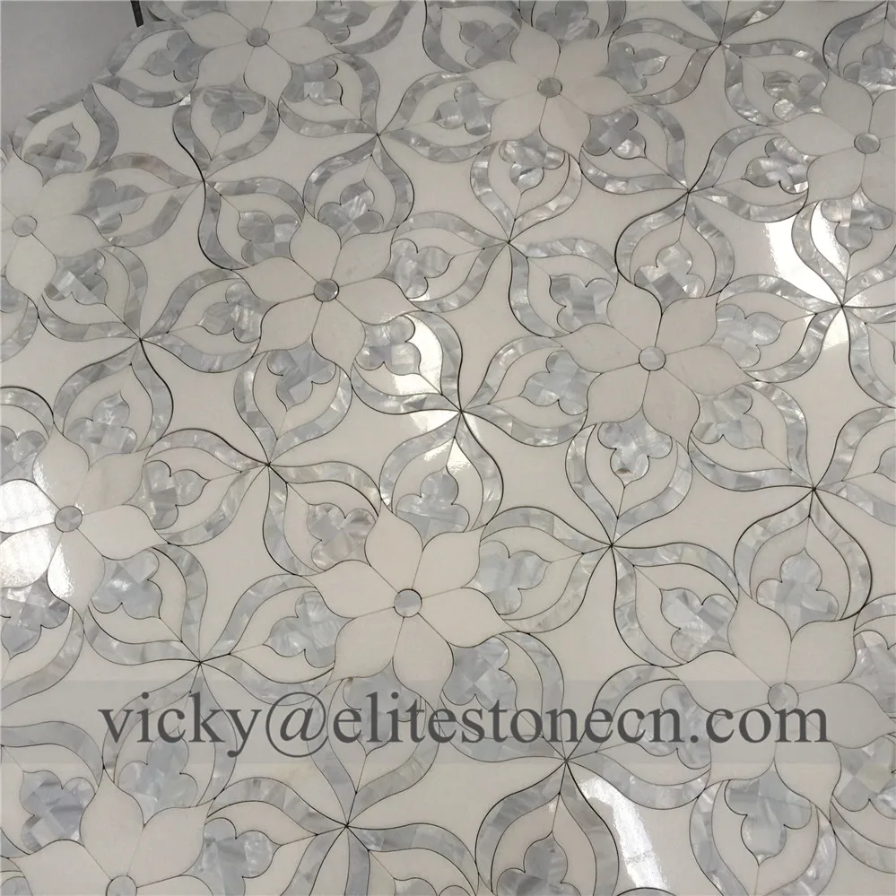 Thassos white marble mosaic flower designs ,mother of pearl flower mosaic ,seashell mix stone mosaic tile