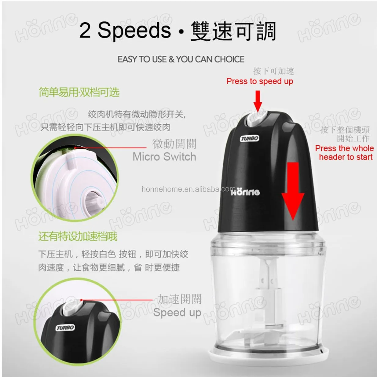 Detachable Instant Electric Mini Food Chopper with 500ml Plastic Bowl