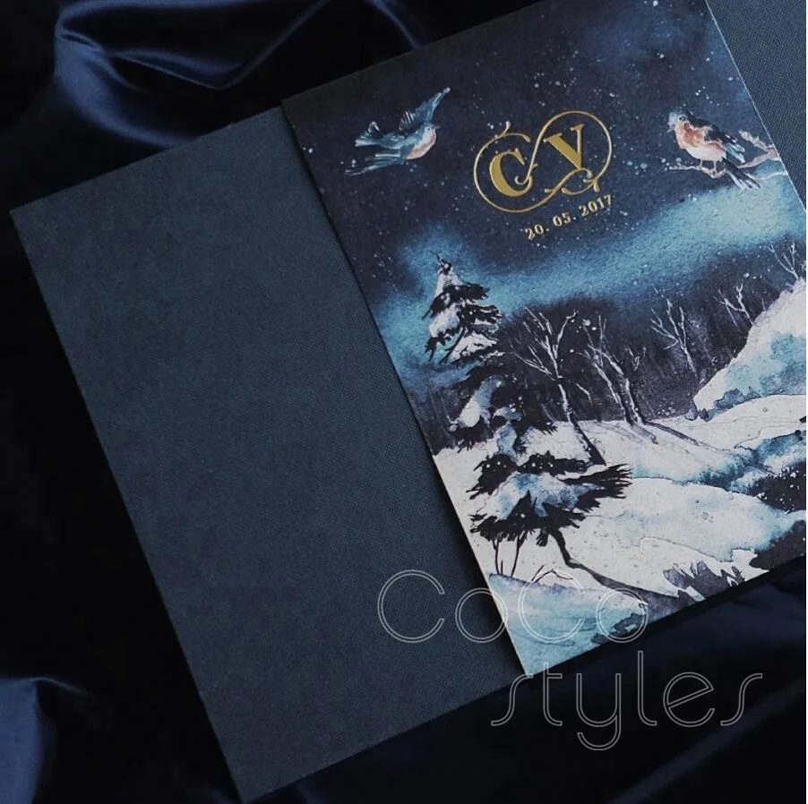 
Cocostyles bespoke creative gold foiling navy invitation card with snowflake and bird for winter wedding 