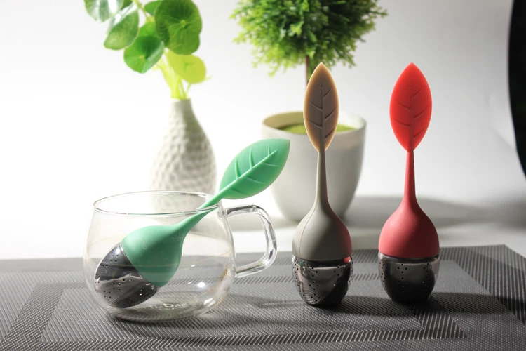 Silicone Loose Tea Infuser Long Leaf Shape Handle 304 Stainless Steel Strainers Reusable Ball Steeper Set Silicon Mat Herbal Tea