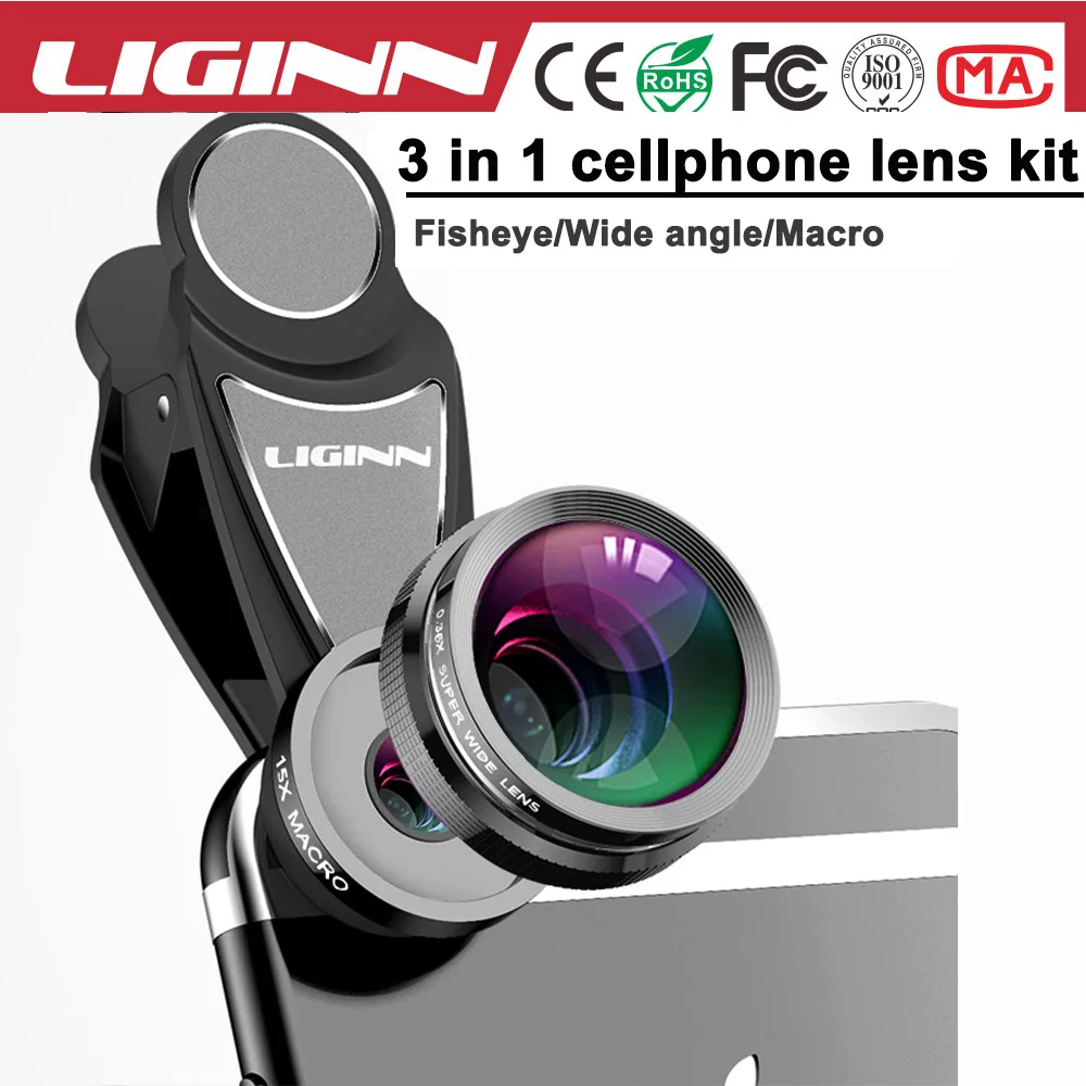 LIGINN hot new products cellphone camera lens 0.36x wide angle 198 degree fish eye 15x macro lens kit for ip smartphoes