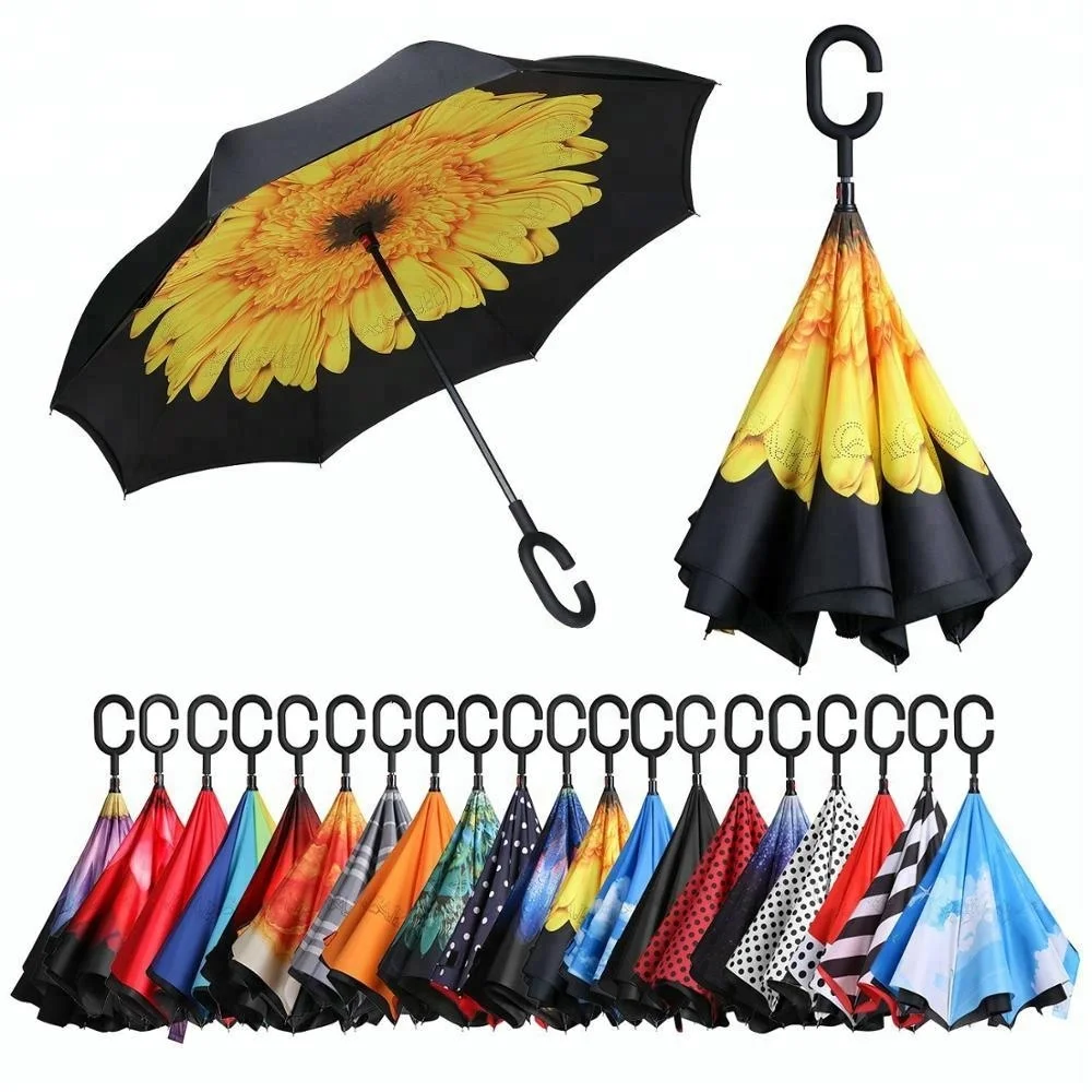
Inside full print double layer manual open reverse inverted C handle umbrella for car 